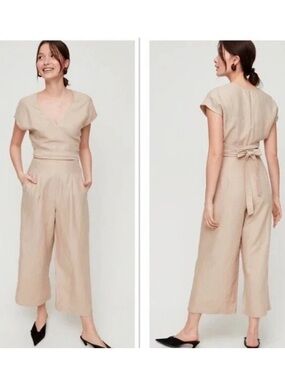 Aritzia Wilfred Linen Blend Beige Cut Open Front Wrap V Neck Jumpsuit Size 0
